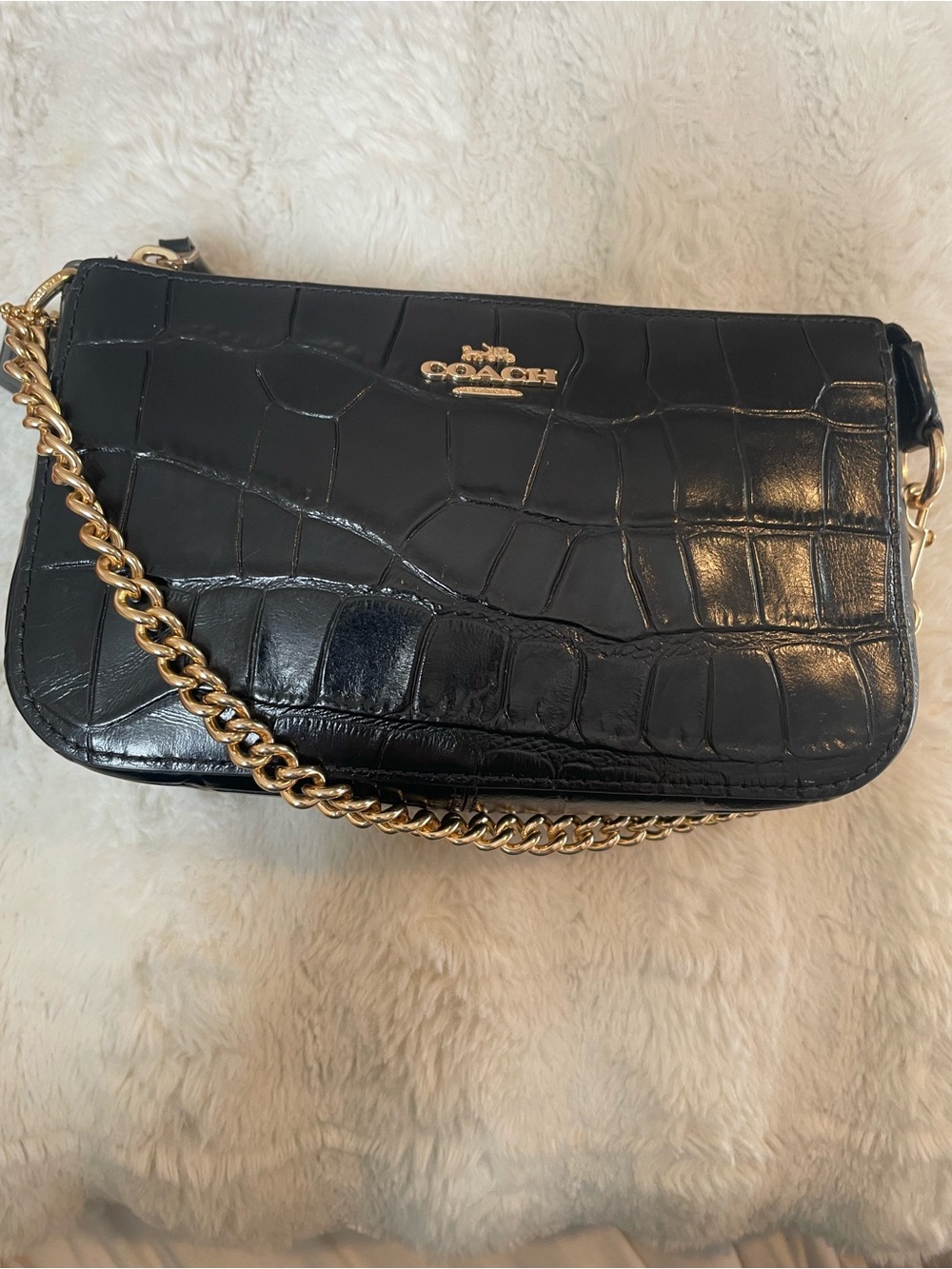 Coach Nolita Black Croc-Embossed Leather bag with Gold Chain